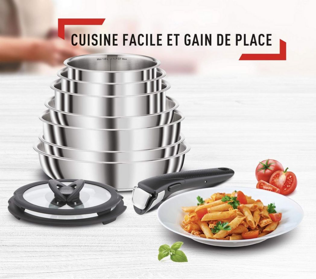 Batería de cocina compacta Seb de acero inoxidable de 10 piezas, compatible con inducción, incluye sartenes de 22/24/26 cm, cacerolas de 16/18/20 cm, sartén de 24 cm, tapas de 18/20 cm, 1 asa L953SA04, negro, plateado, 35,4 x 35,29 x 26,8 cm