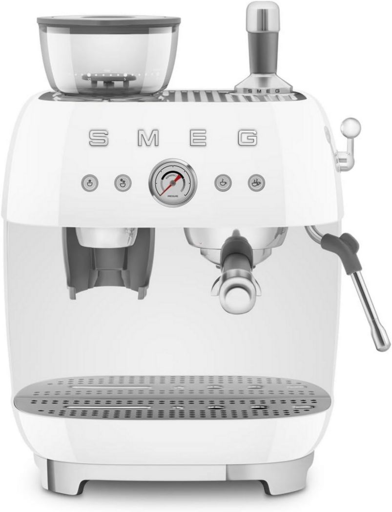 Cafetera espresso manual Smeg EGF03CREU, con molinillo de café integrado, thermoblock, 4 niveles de temperatura, tubo de vapor y manómetro, depósito de agua de 1 L, dimensiones compactas, 1350 W, color crema