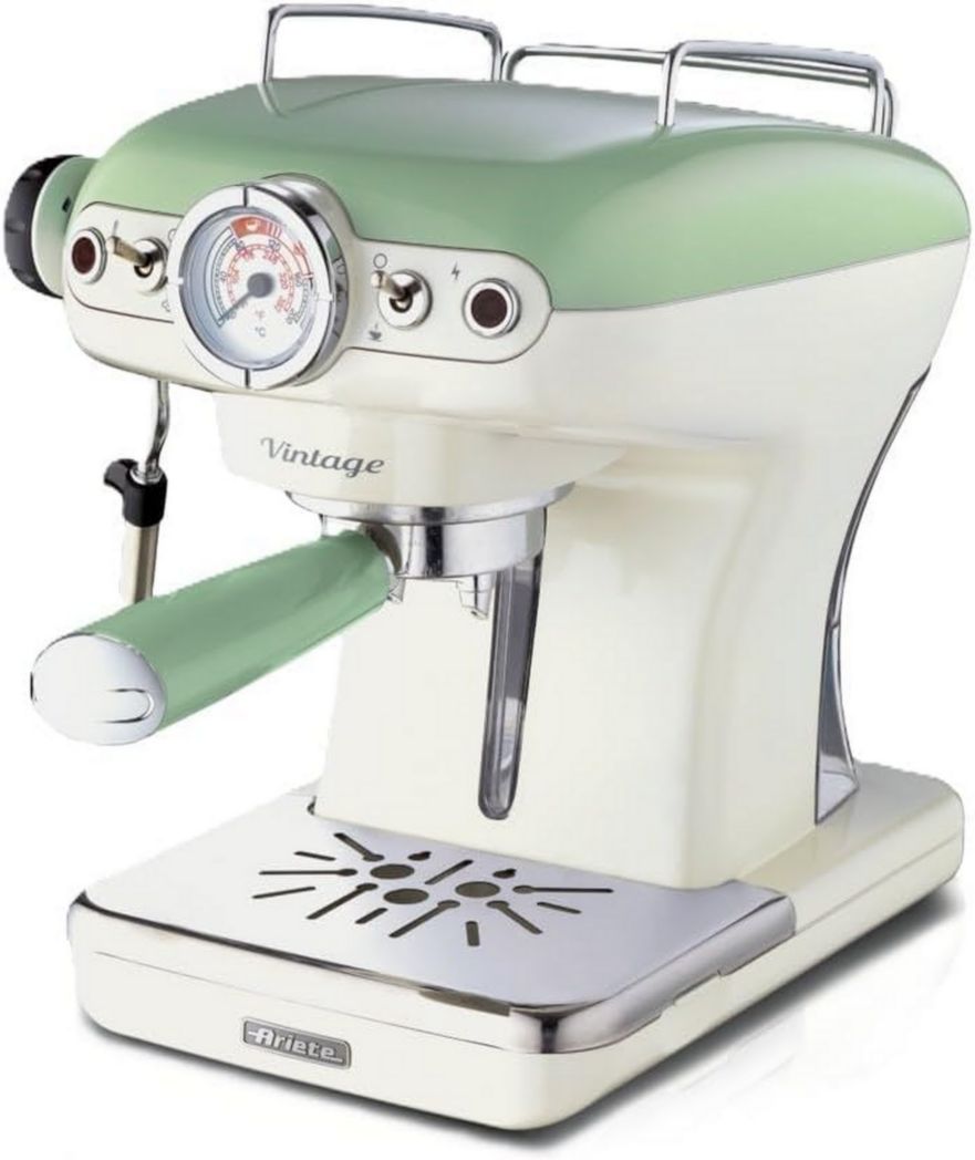 Ariete Espresso Vintage 1389, Cafetera espresso para molido o monodosis, 1 y 2 tazas, boquilla cappuccino, portavasos de acero inoxidable, 15 bares, 850 W, beige