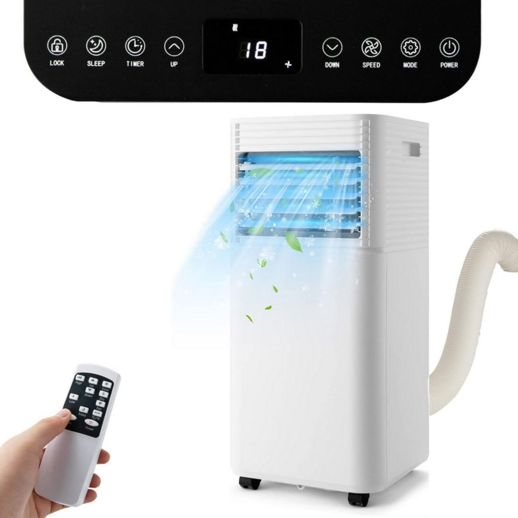 Aire acondicionado portátil GOPLUS 9000 BTU 2,6 kW, 4 en 1: refrigeración, deshumidificación, ventilador, modo nocturno, temporizador de 24 horas, control remoto/pantalla, 20 m², negro, R290