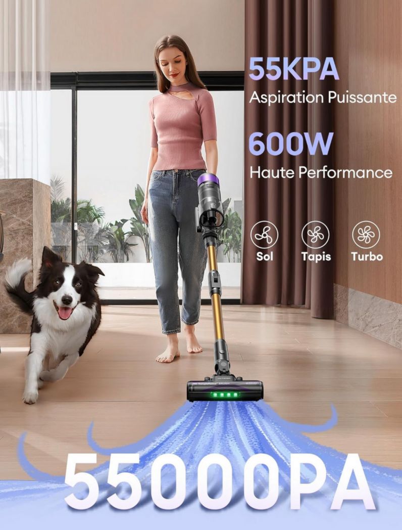Aspiradora vertical inalámbrica Ultenic U20, 55 kPa/60 min, tecnología GreenEye, tubo flexible, cepillo antienredos, potente para pelos de mascotas, suelos duros y coches.