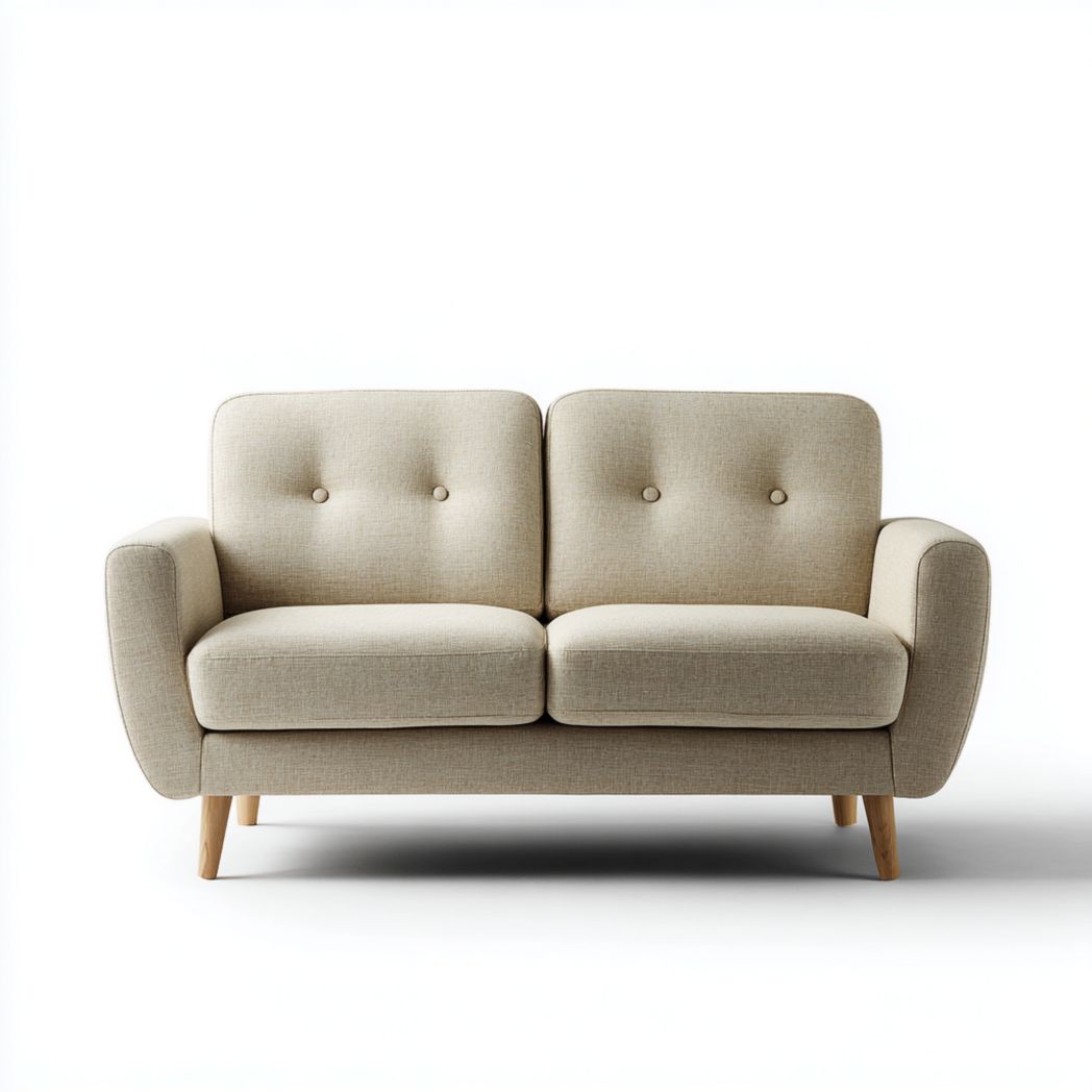 Sofá de dos plazas en tela beige con patas de madera marrón claro