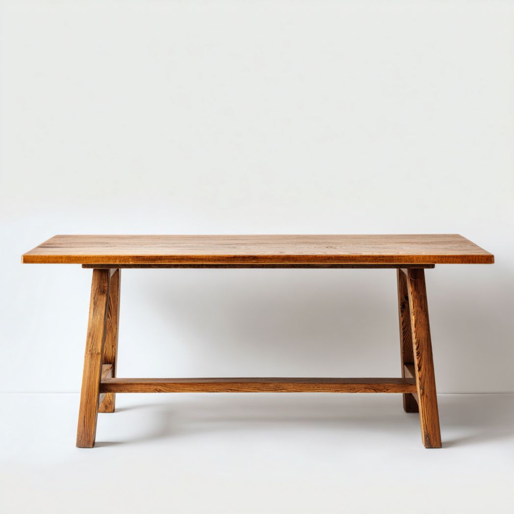 Mesa de comedor rectangular con estructura de madera.