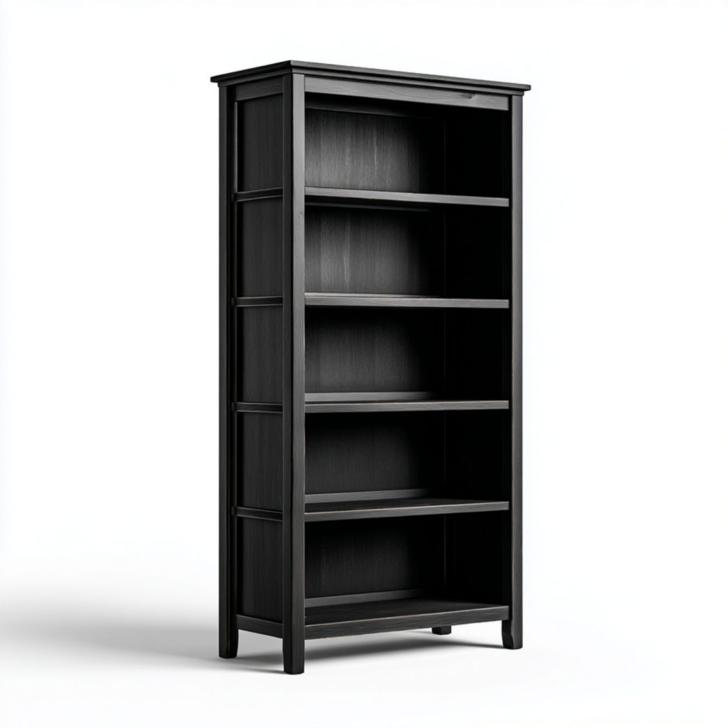 Biblioteca de cinco niveles con estructura negra.
