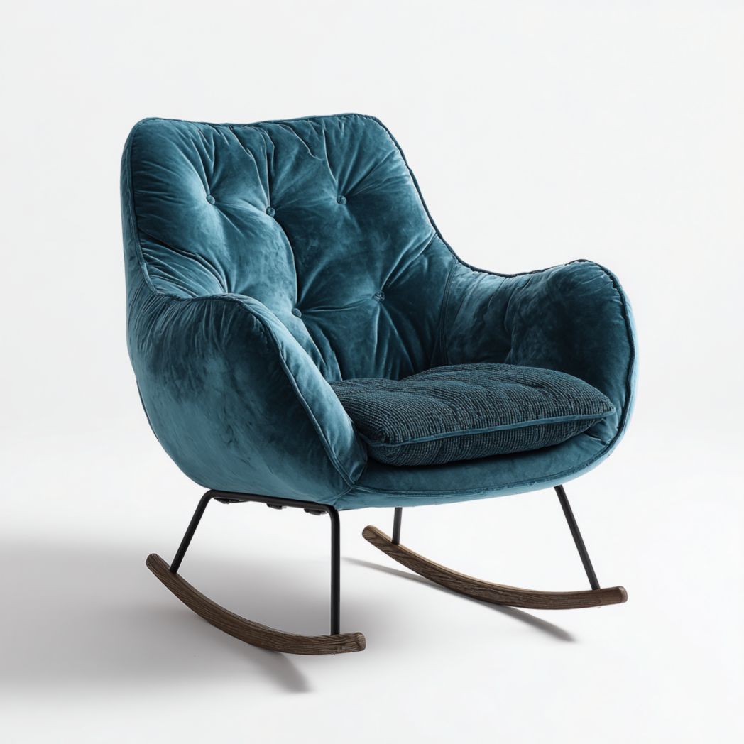 Mecedora de terciopelo azul con estructura de metal negro y base curva de madera marrón.