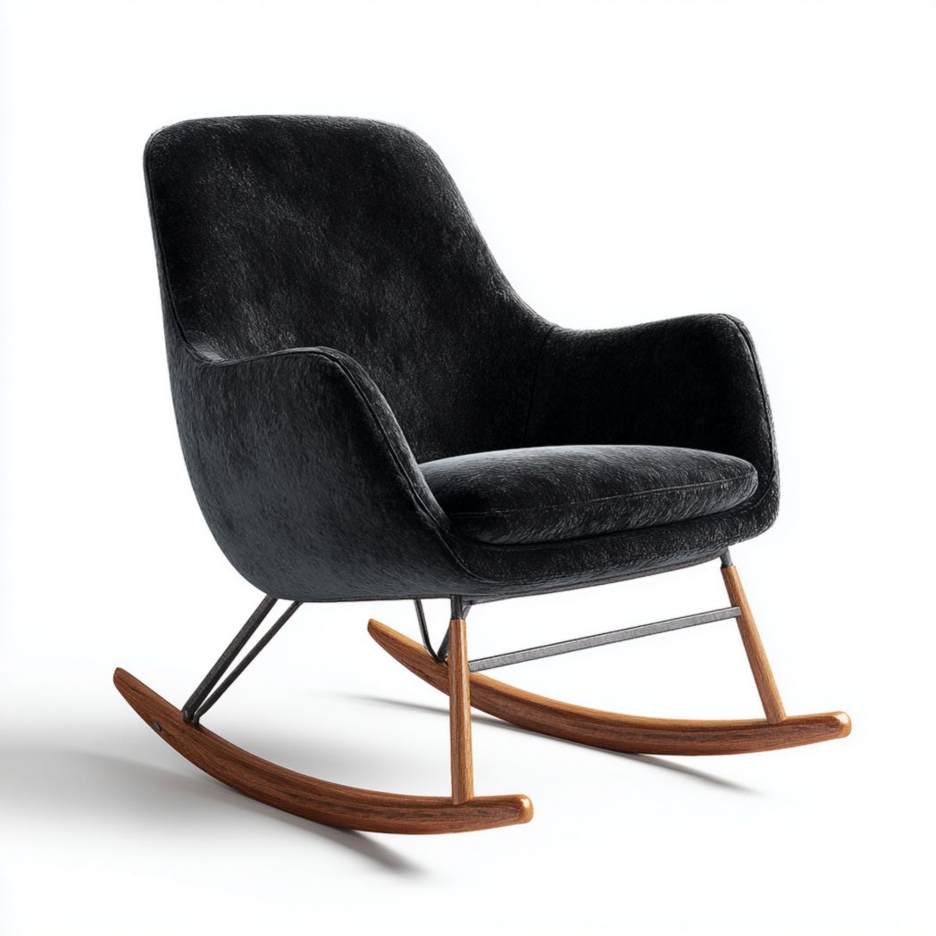 Mecedora de tela negra con estructura de metal negro y base curva de madera marrón.