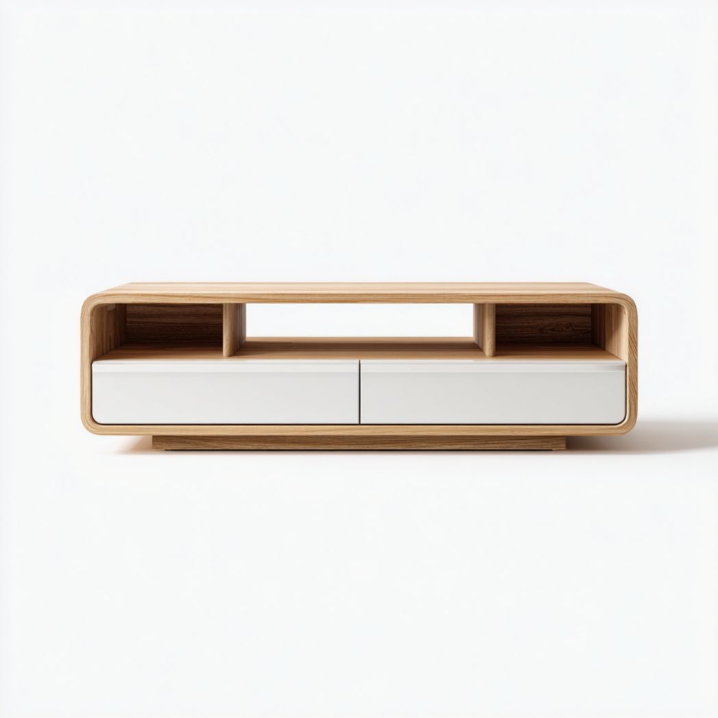 Mueble de TV con cuerpo marrón y cajones blancos