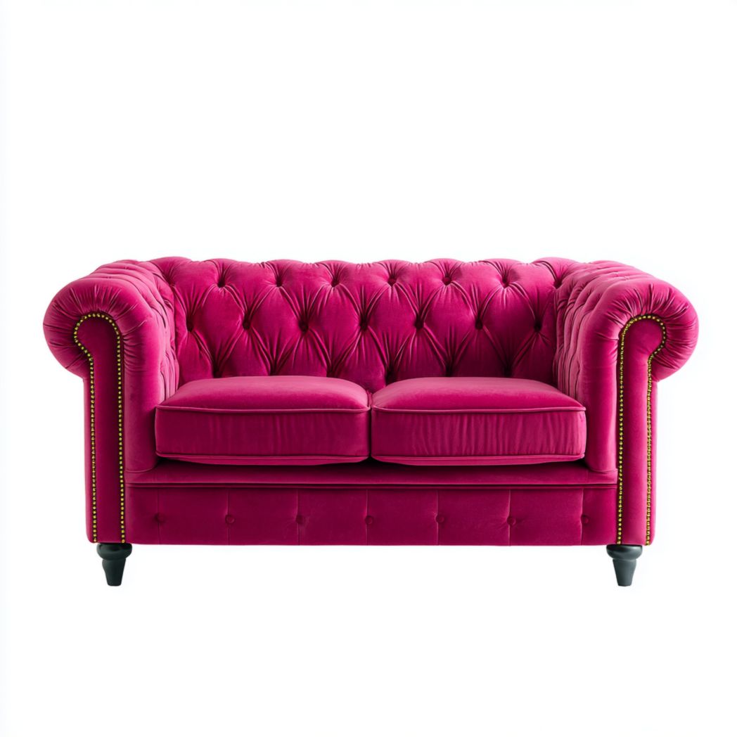 Sofá de dos plazas en terciopelo rosa fucsia con patas de madera negras