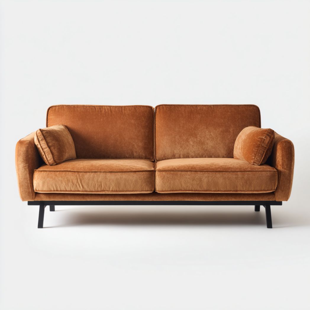 Sofá de tres plazas en terciopelo marrón con patas de metal negro