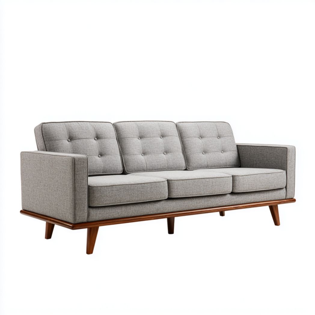 Sofá de tres plazas en tela gris con patas de madera marrón.