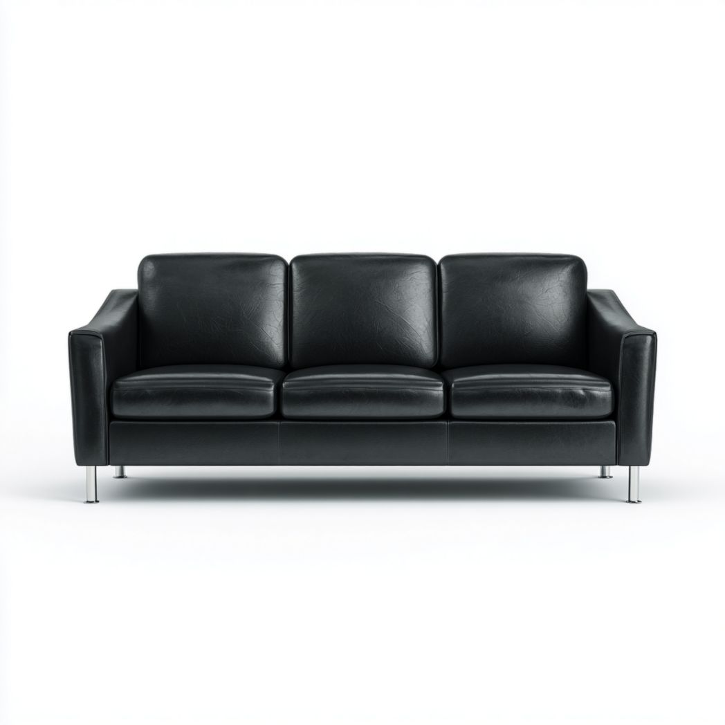 Sofá de tres plazas en piel sintética negra con patas de metal plateado.