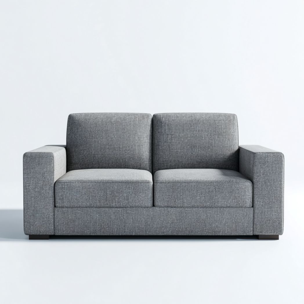 Sofá de dos plazas en tela gris con patas de metal negro a juego.